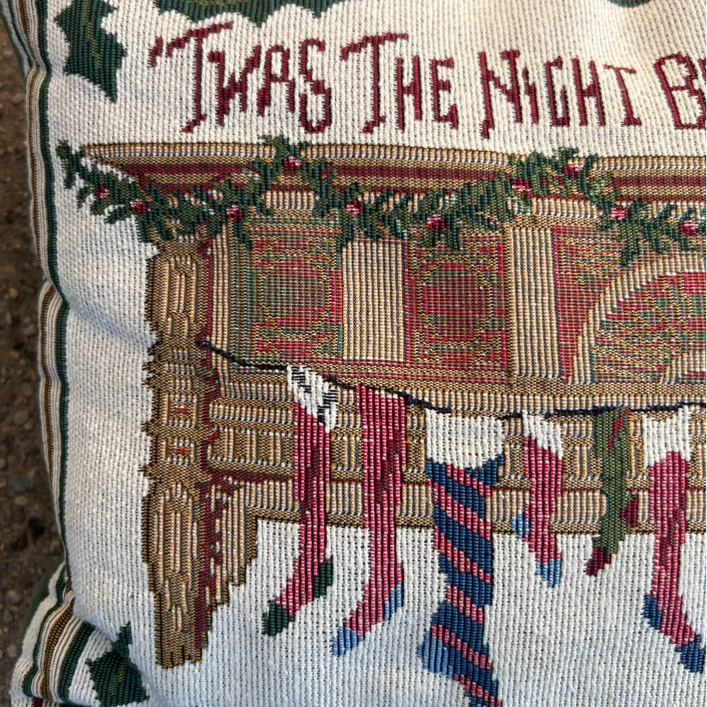 Vintage pillow tapestry ‘Twas the night before Christmas’ green cream stockings
